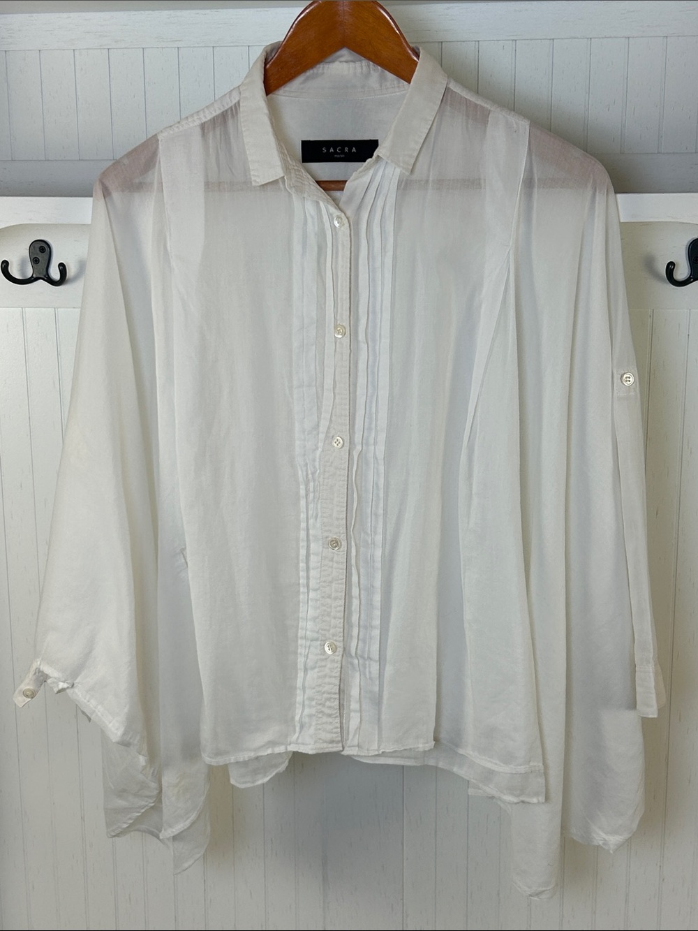 SACRA Tokyo Sheer Cotton Oversized Draped Blouse 38 Made in Japan